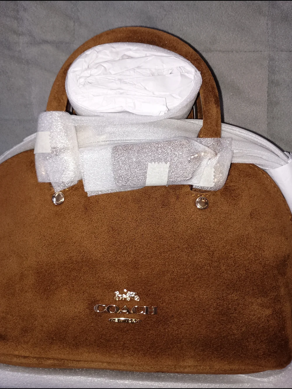 COACH Suede Lara Mini  Satchel Bag in Chestnut Brown